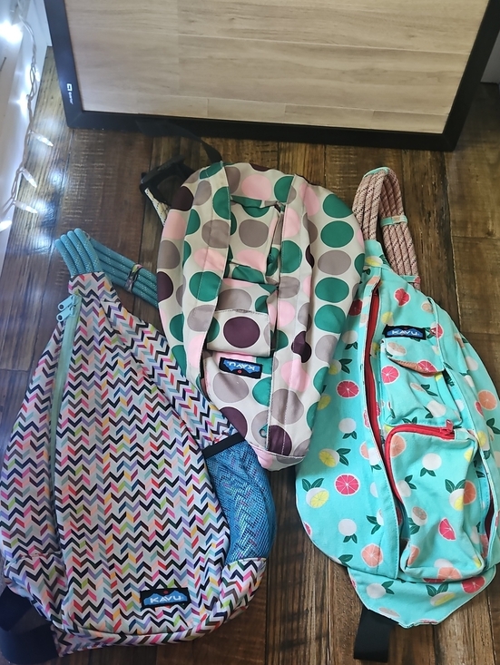 Kavu Handbags - Bundle Kavu Sling Bags - Aqua Citrus, Pink/Green Polka Dot & Multi- Chevron